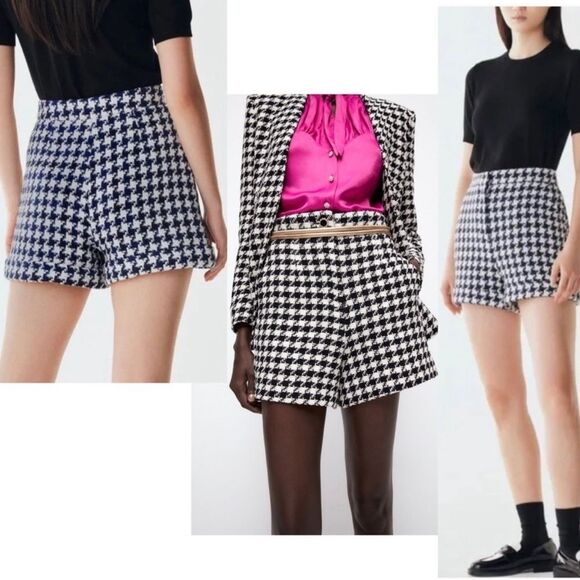 ZARA - Houndstooth Tweed High Waist Shorts sz L - Picture 6 of 10